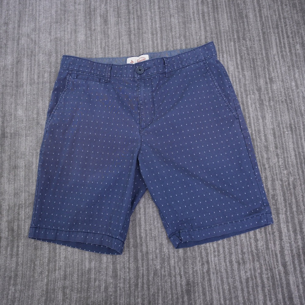 Original Penguin Mens 32 Fit 33x8.5 Navy Blue Geometric Print Chino Shorts